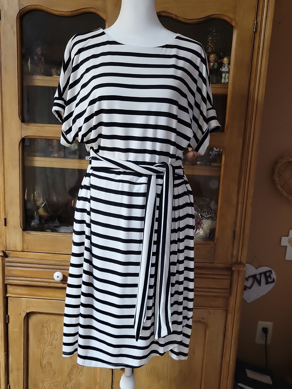 NWT Chaps Black & White Striped Midi Dress with attached Belt / tie waist sz L